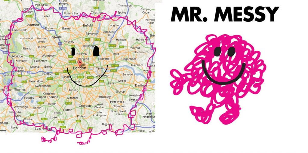 A collage of a map of London with a cartoon drawing of Mr. Messy