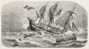 an old sketch of an 18th century ship in the sea