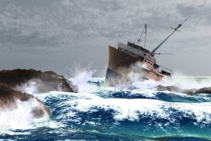 a ship hit against the rocks