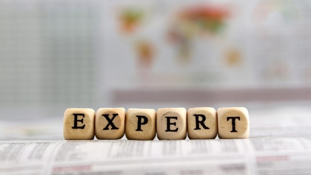 Block letters spelling "Expert" with soft focus world map in background