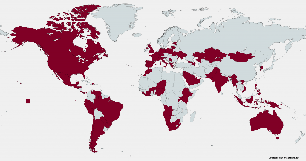 Map of world showing countries of participants shaded in red.