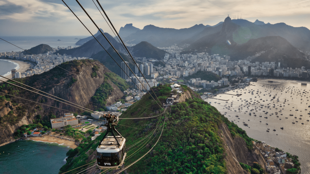 View from a cable car over Copacabana and downtown Rio de Janiero