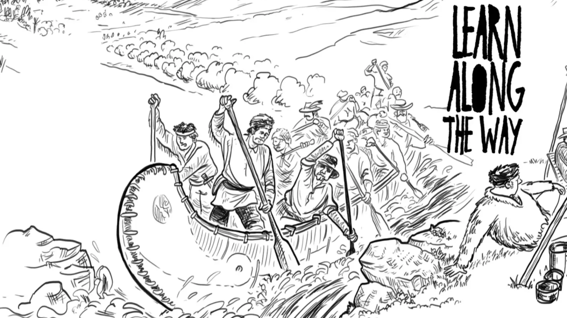 A drawing of people rowing a boat