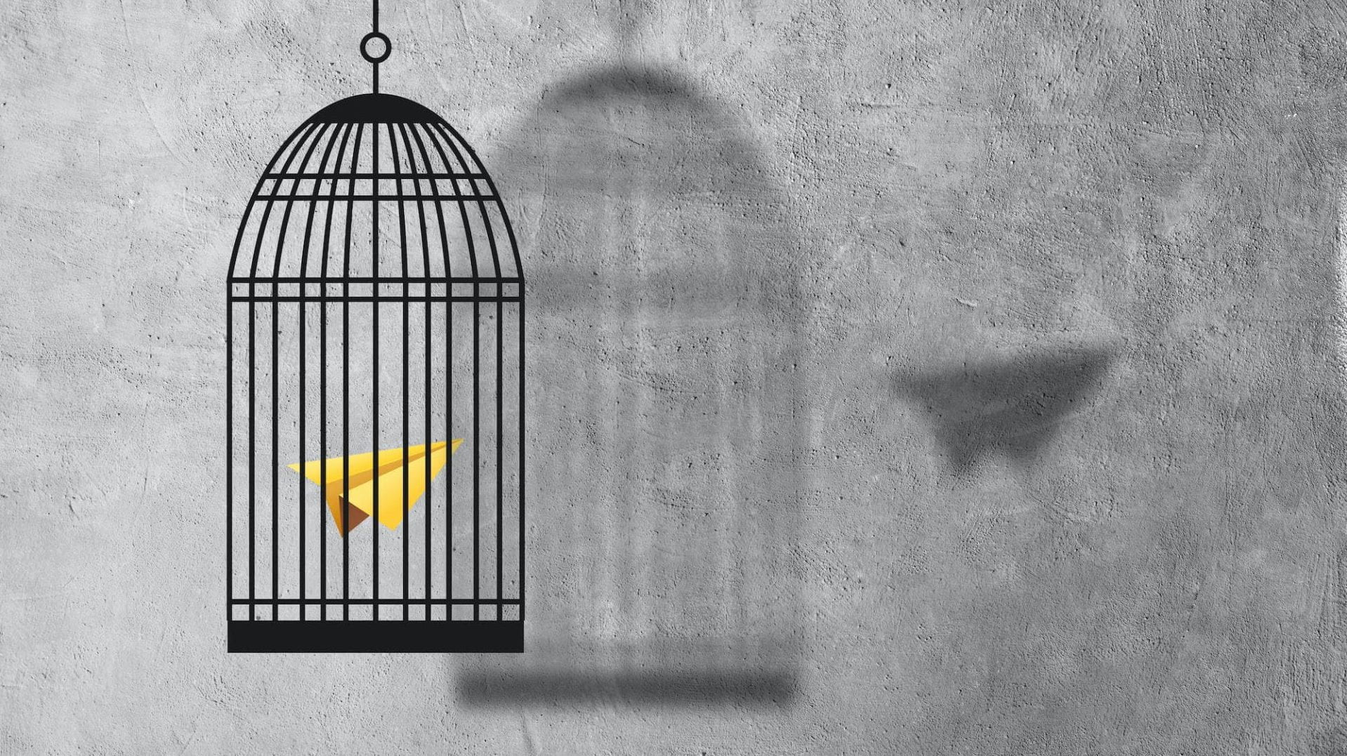 A paper airplane in a cage with a shadow projected on the wall of the cage and the airplane flying free
