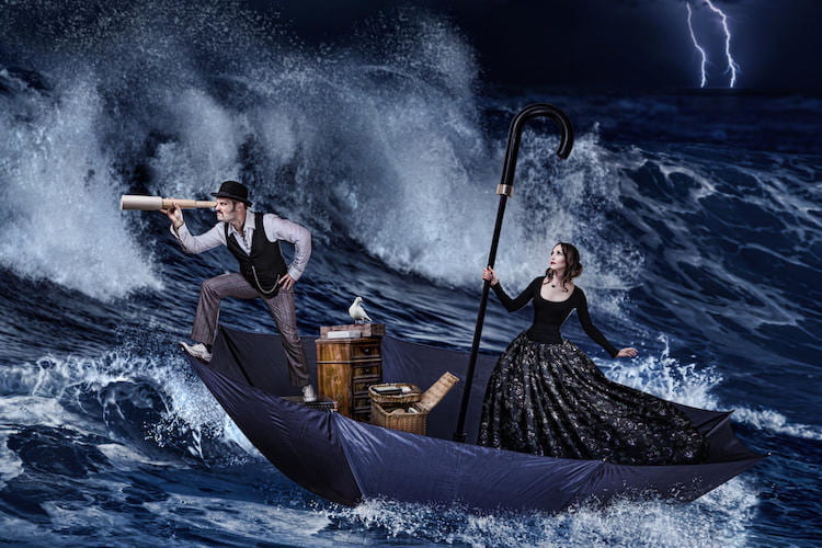 Two people in a boat during a storm using a spyglass with a large wave approaching