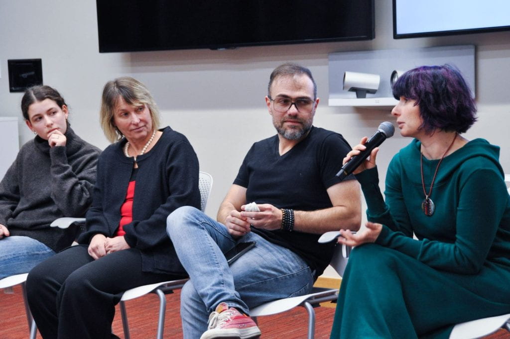 4 seated panelists from right to left: Sasha Segal, Olga Yulikova, Zhenya Leonov, Rita Vinokur