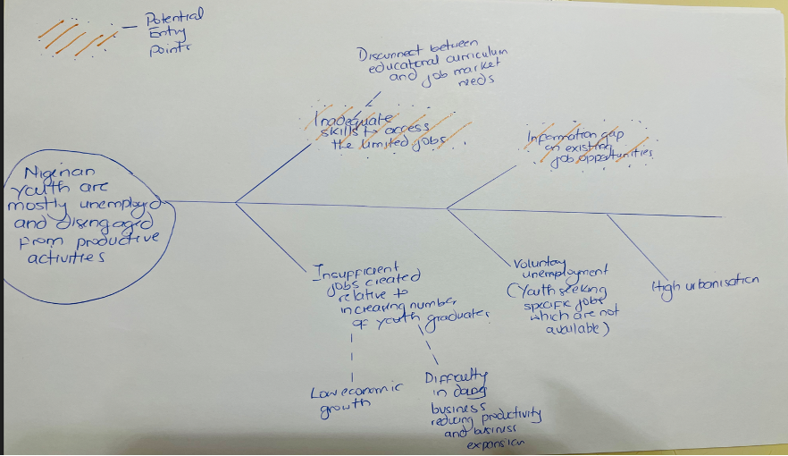 Fishbone diagram "Nigerian youth are mostly unemployed and disengaged from productive activities"