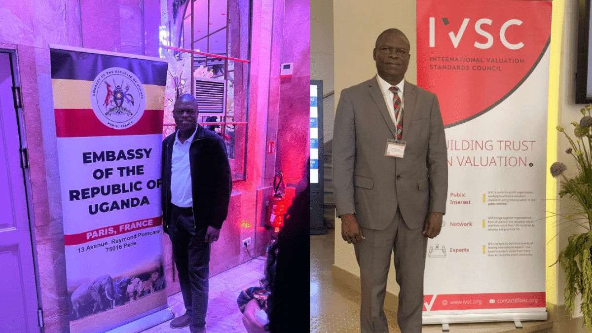 a collage of a man standing in front of a standee at two different conferences
