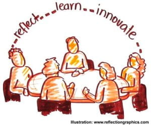 a drawing of a group of people around a meeting table