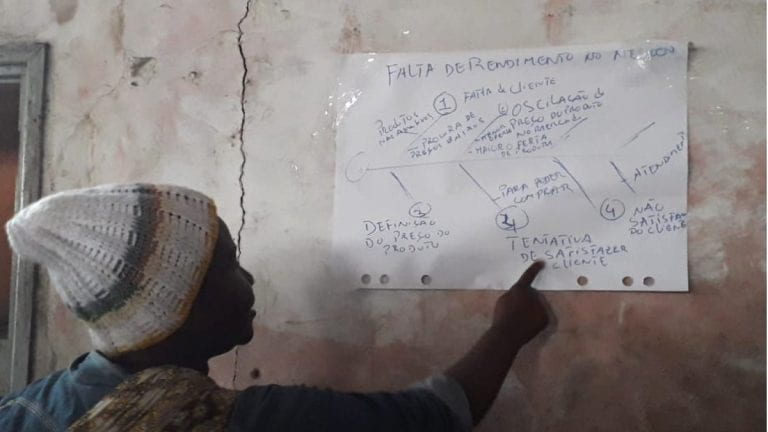 PDIA Online participant pointing to a fishbone diagram taped to the wall