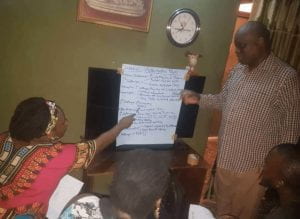 a group working in front of a white chart paper on a wall