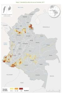 map of Colombia highlighting regions on crop density