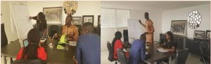 a collage of two images of a meeting