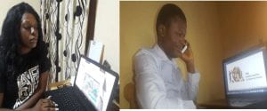 a collage of two images with two people on a computer