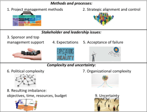 Methods and processes, stakeholder and leadership issues, complexity and uncertainty