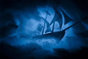 a painting of a ship in blue