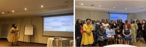 a collage of a presentation on a projector and a group of people in front of the presentation