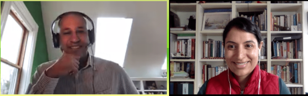 Screenshot of Rob Wilkinson and Salimah Samji recording the podcast over zoom