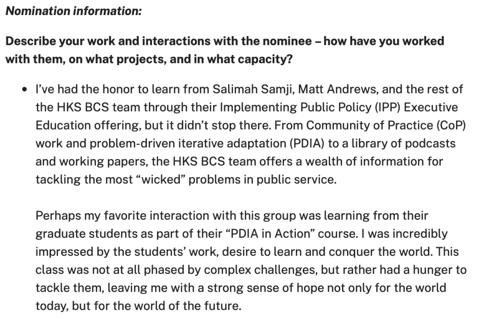 Nomination testimonial about BSC for the ELGL Haverford Award