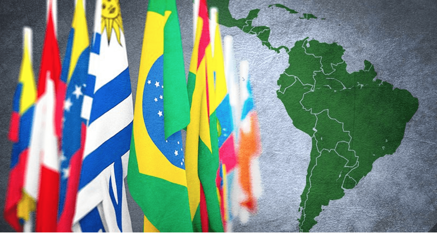 Map of South America with country flags in front