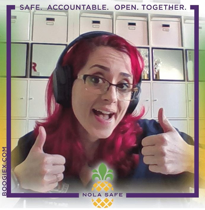 A selfie with a border that has the words: "safe" "accountable" "open" "together" written on it