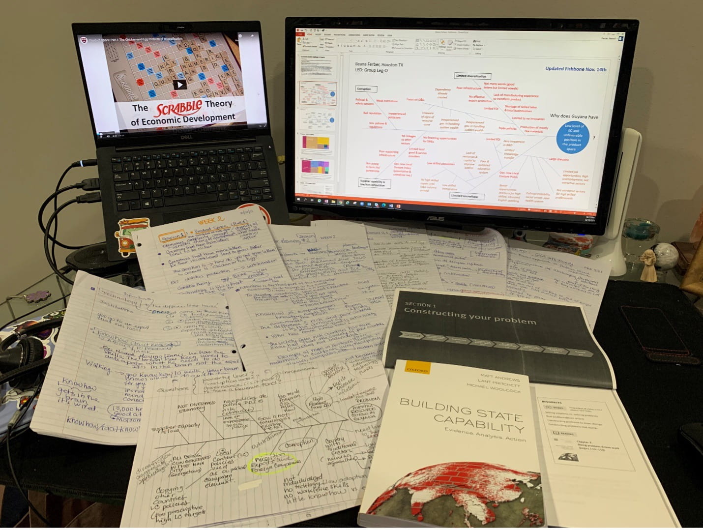 A student's notes and fishbone diagram along with a copy of the PDIA toolkit and the BSC book