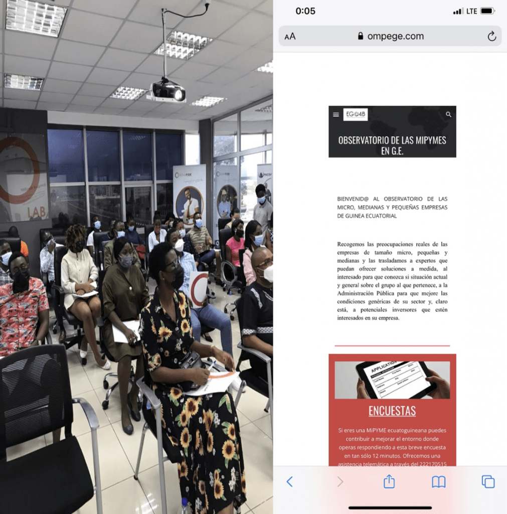Screenshot of a webpage with masked attendees in a conference room