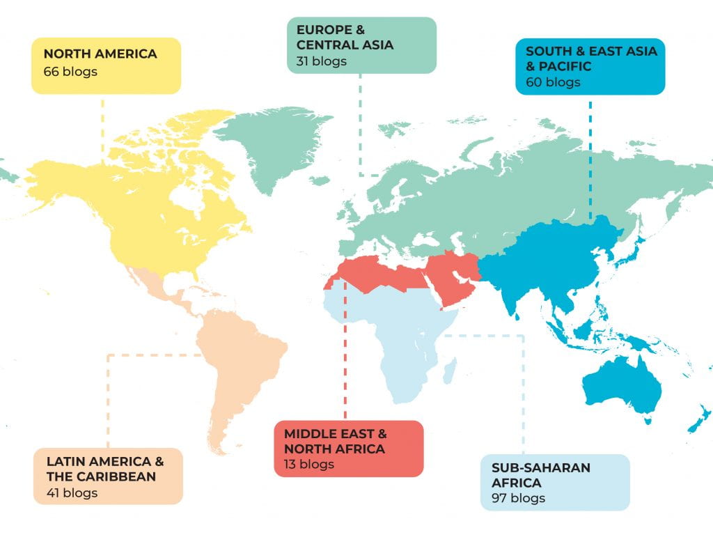 Map depicting number of blogs in each geographic region