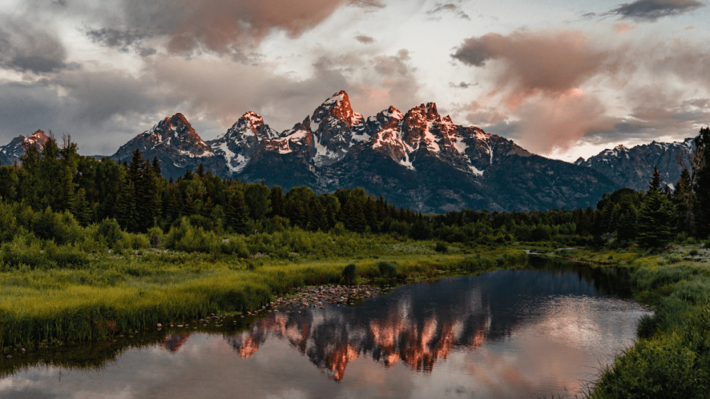Grand Teton mountains with a lake in the foreground