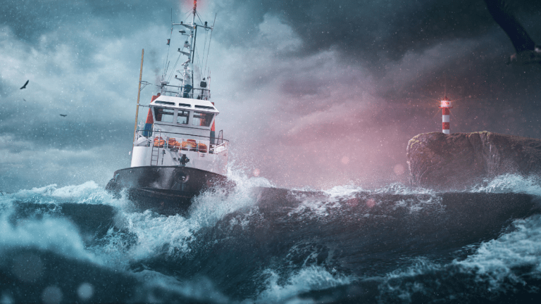 A boat navigating stormy seas