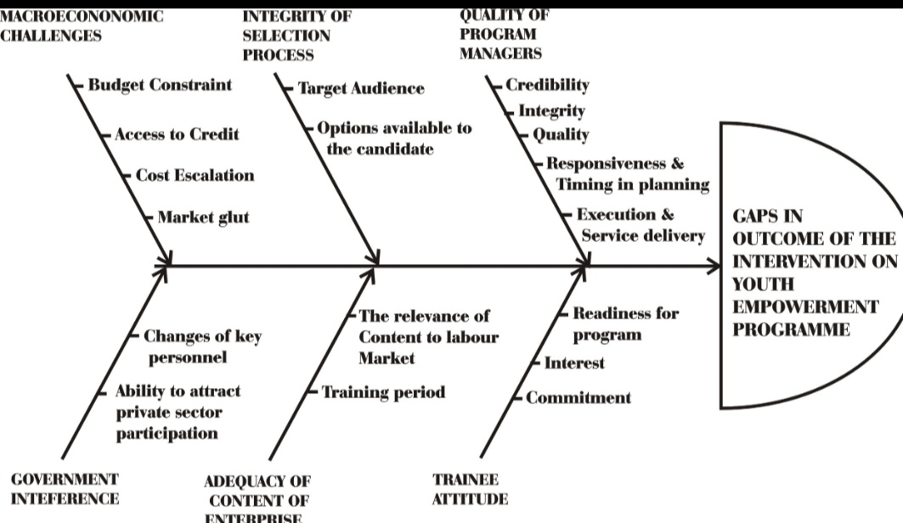 Fishbone diagram for gaps in the outcome of the intervention in youth empowerment programme in Delta State.