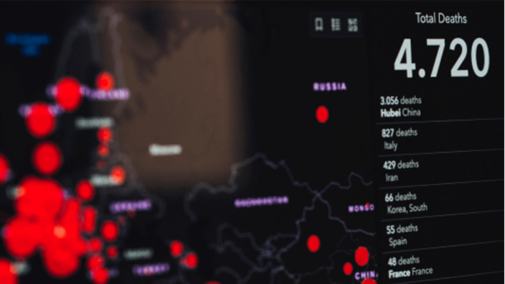 Dots on a map indicating the number of covid deaths