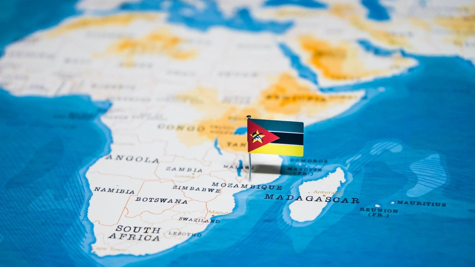 A map of Africa with the Mozambique flag