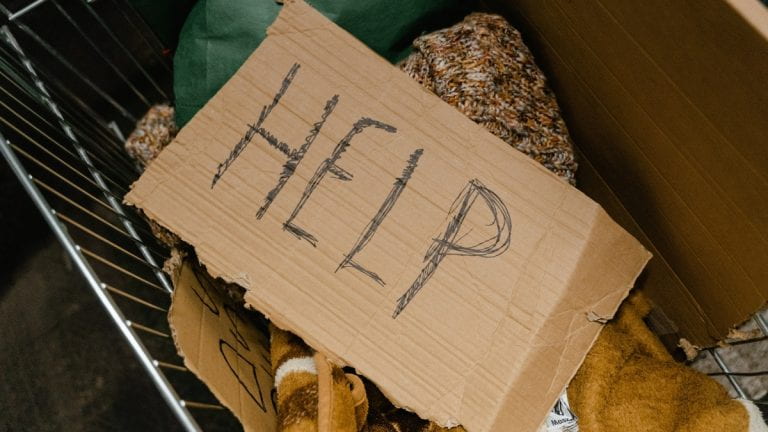 Cardboard sign displaying "Help" in a grocery card with blankets