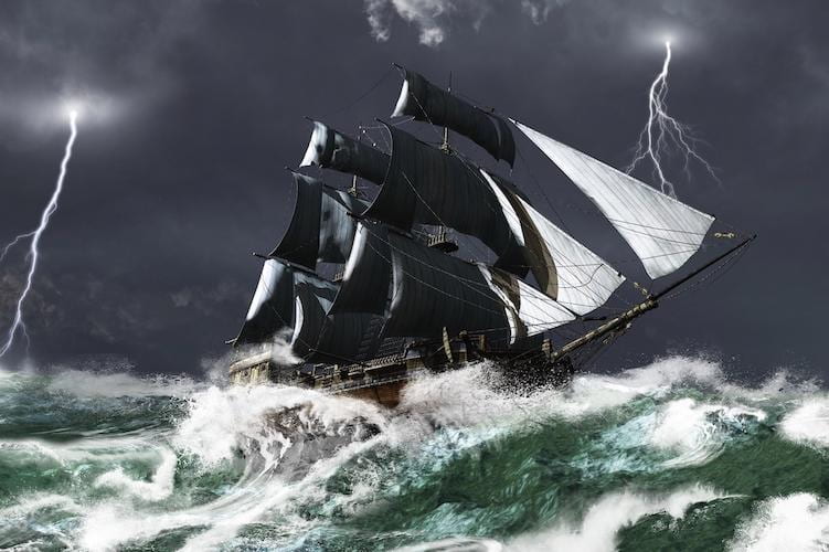 A ship about to capsize with lightning bolts coming from the sky
