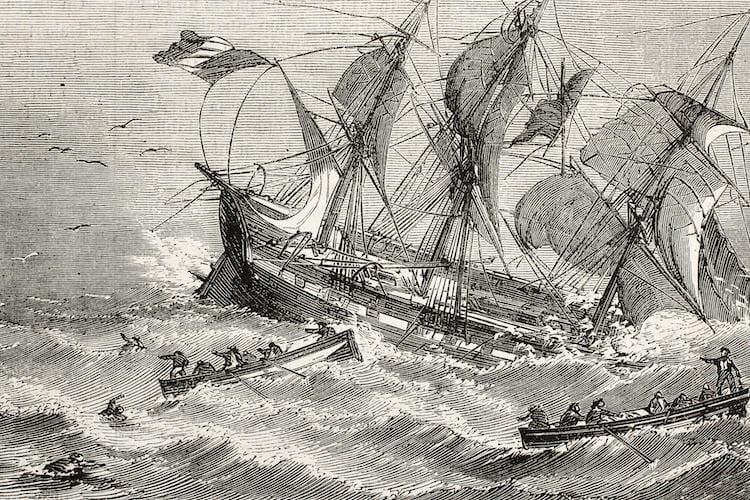 Sailboat in storm with canoes of people surrounding and paddling