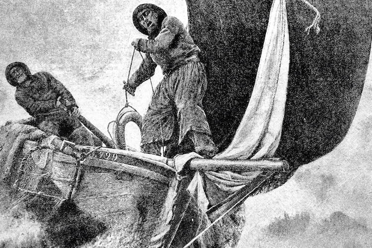 Crew members steering a boat in a storm