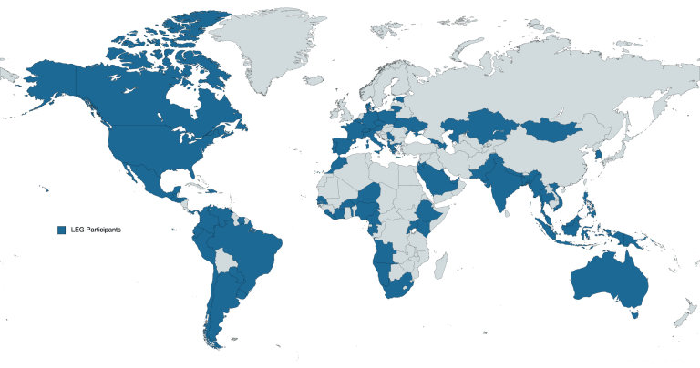 Global map view with countries highlighted in blue where LEG participants are