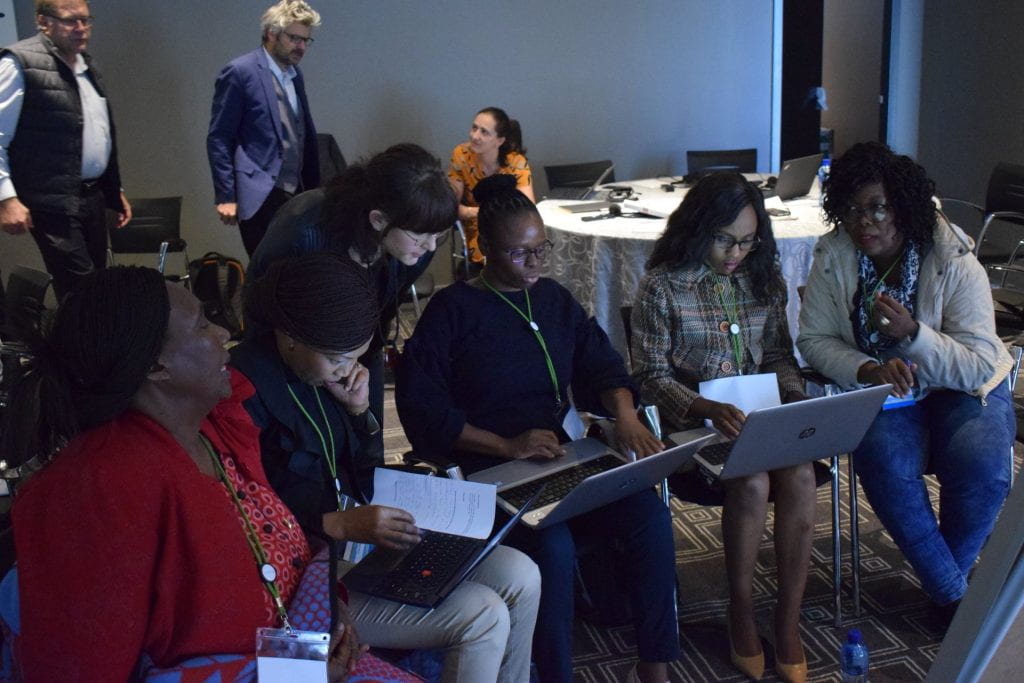 Lesotho team collaborating and looking at their laptops