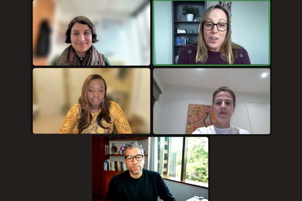 Zoom screenshot of speakers Salimah Samji, Amber Thacher, Shanequa Moore, Jori Zeneli, and Agustin Filippo 