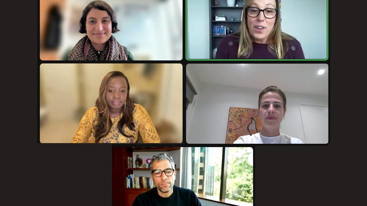 Zoom screenshot of speakers Salimah Samji, Amber Thacher, Shanequa Moore, Jori Zeneli, and Agustin Filippo