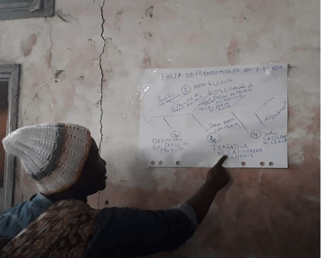 PDIA online participant pointing to a fishbone diagram on the wall