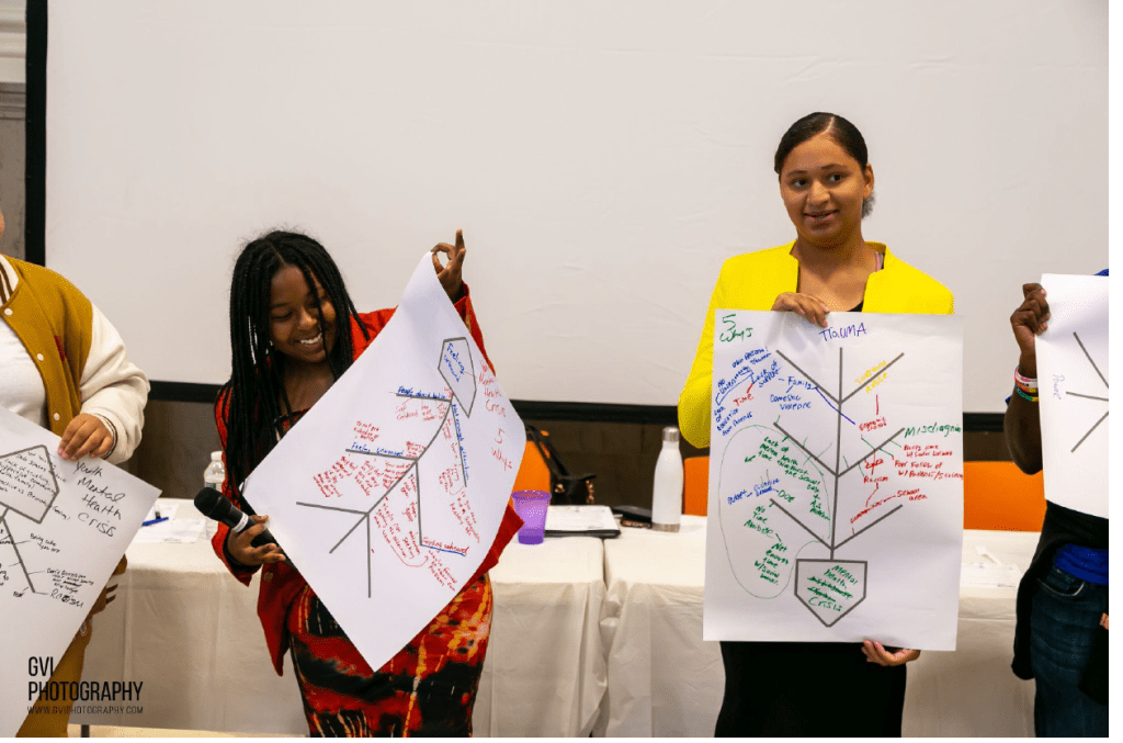 A group holding their fishbone diagrams.