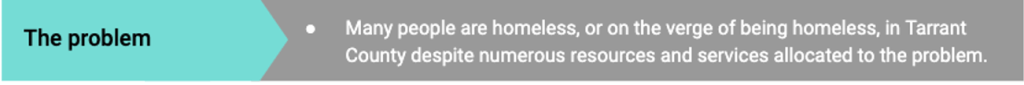 Problem: Many people are homeless in Tarrant County despite numerous resources allocated to the problem
