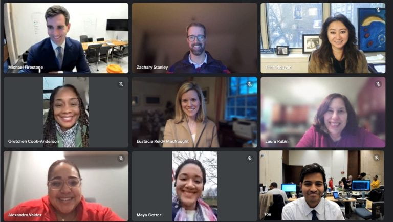 zoom meetong screenshot of members from the 2023 Bloomberg Harvard City Leadership Initiative Boston Group