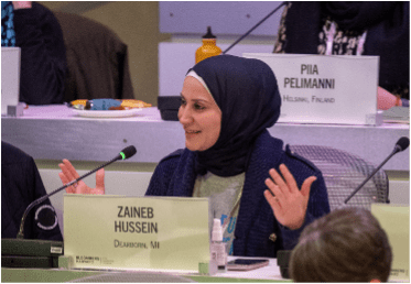 Dearborn team member Zaineb Hussein speaking to class