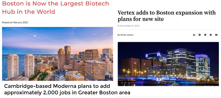 Screenshots of two news articles on Moderna and Vertex adding to Boston's life sciences job opportunities