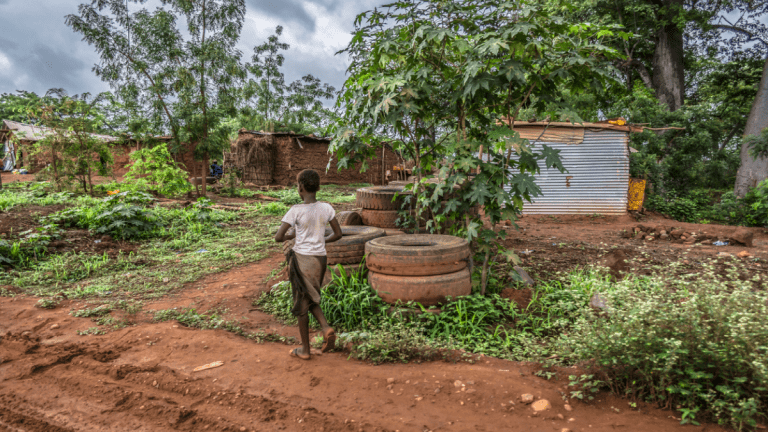 View of traditional village in Malange, Angola, backs of a child walking, tropical vegetation and dramatic cloudy sky as background