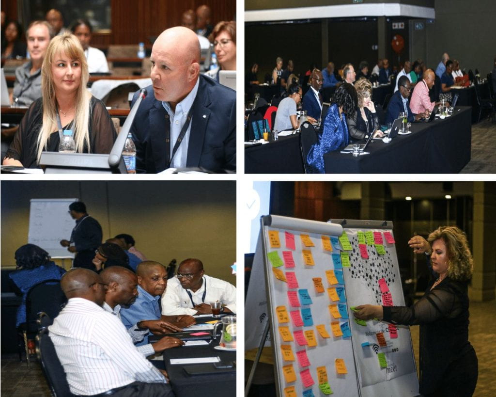 collage of an event where people are speaking, watching a presentation, and a woman posting sticky notes on a board