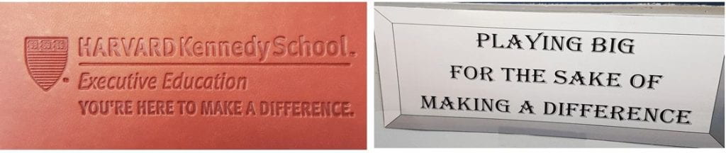 a collage of two images. Image on the left is the board of the Harvard Kennedy School, and the Image on the right is a quote where it says "Playing Big for the sake of Making a Difference"